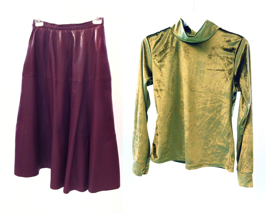 Random work from DEARHUNTER  | VINTAGE PORTFOLIO | Burgundy Leather Skirt & Velvet Gold / Green Top